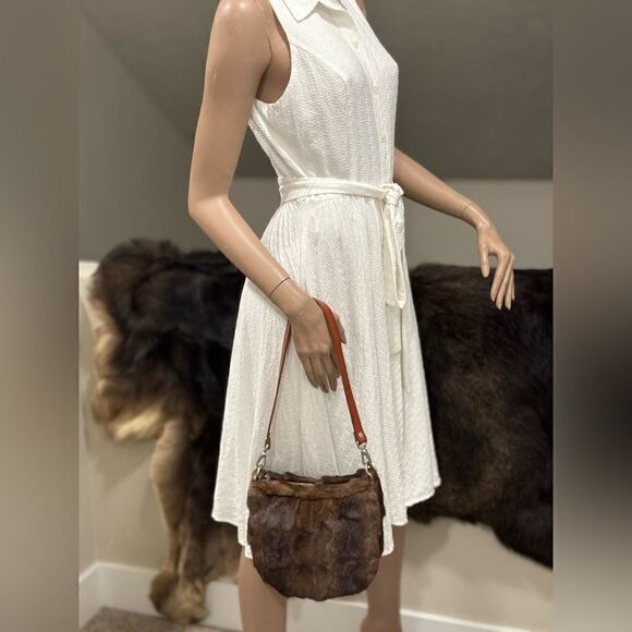 Natural Brown Handmade Real Mink Fur Half Moon Shoulder Bag/Crossbody - Picture 8 of 16